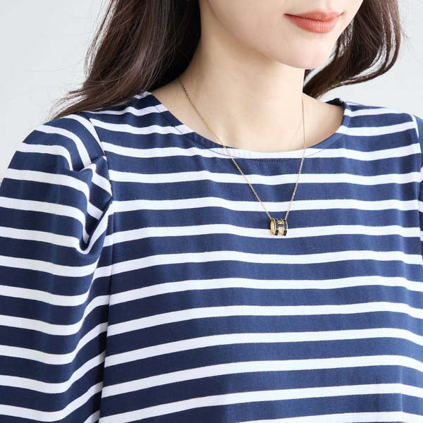 【N83-073|M〜L対応】綿ストレッチ×バックリボン|ボーダーパフ袖チュニック|春夏トップス