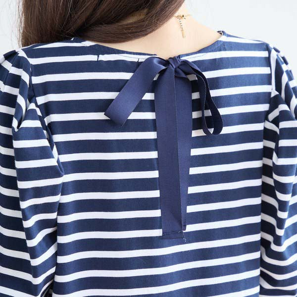 【N83-073|M〜L対応】綿ストレッチ×バックリボン|ボーダーパフ袖チュニック|春夏トップス