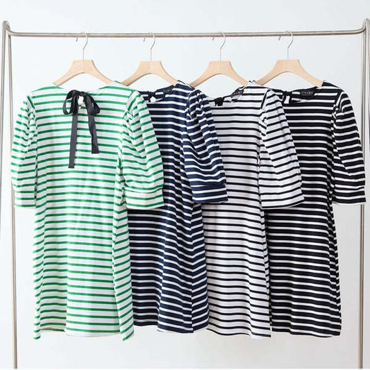 【N83-073|M〜L対応】綿ストレッチ×バックリボン|ボーダーパフ袖チュニック|春夏トップス