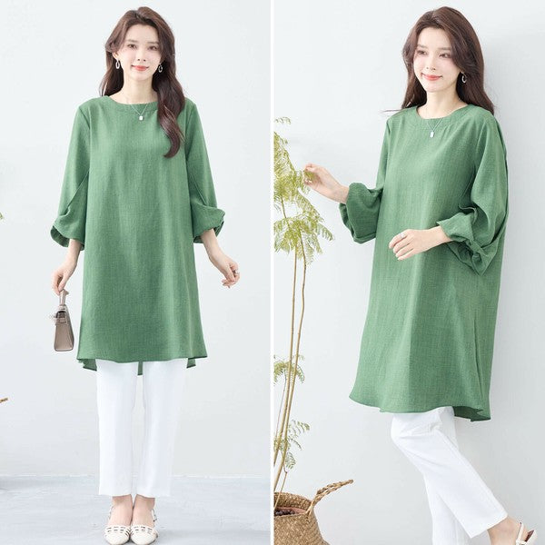 【L〜LL】ポリエステル100%・袖リボンAラインチュニックワンピース|体型カバー・夏~秋・C31-695E