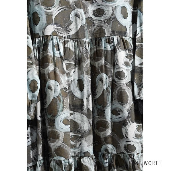 【M】変形ドット柄ティアードワンピース リブ袖 バンドカラー 総柄 レトロ アート柄 SILENT WORTH