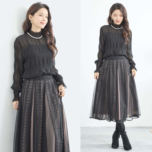 M〜L シャーリング シフォン ブラウス レディース 長袖 ハイネック インナーカットソー  無地/C31-601E