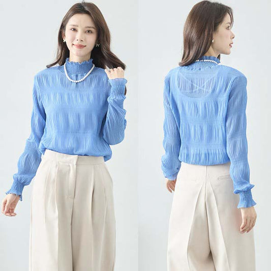 M〜L シャーリング シフォン ブラウス レディース 長袖 ハイネック インナーカットソー  無地/C31-601E