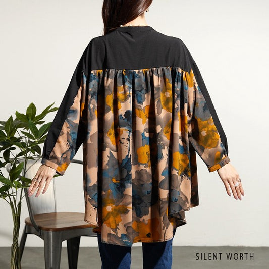 【M】ペイント柄 配色切替 ビッグシャツ ぼかし花柄 チュニック オーバーサイズ SILENT WORTH