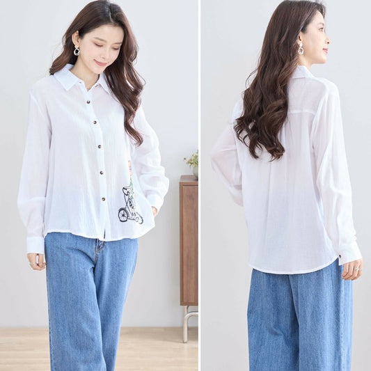 トップス M~L パッチワーク 自転車ガールデザイン 楊柳シャツ レディース 長袖 綿 日除け オシャレ 夏/ホワイト 白/C07-232