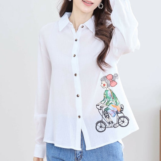トップス M~L パッチワーク 自転車ガールデザイン 楊柳シャツ レディース 長袖 綿 日除け オシャレ 夏/ホワイト 白/C07-232