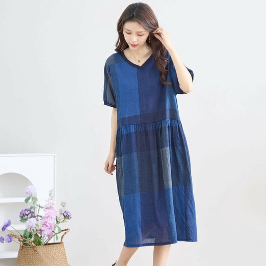 【L〜LL】ブロックチェック Vネック コットン ワンピース (N82-117A)