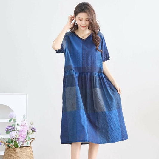 【L〜LL】ブロックチェック Vネック コットン ワンピース (N82-117A)