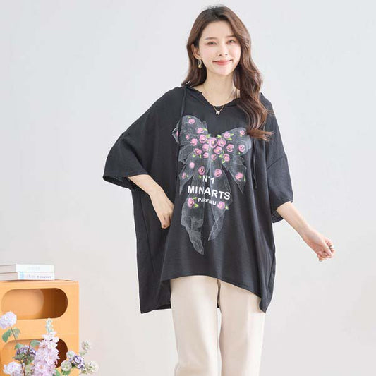 【L〜LL】リボンフラワー プリント オーバー フーディ パーカー カットソー トップス (N12-378)