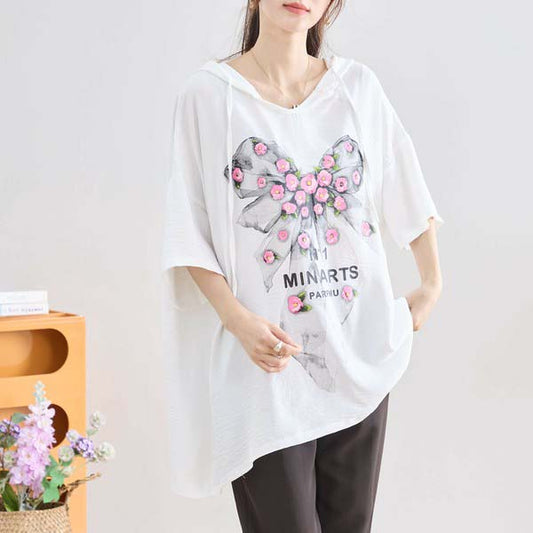 【L〜LL】リボンフラワー プリント オーバー フーディ パーカー カットソー トップス (N12-378)