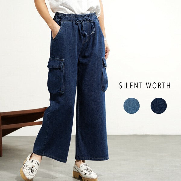 【M】デニムワイドカーゴパンツ|サイドポケット付き・ゆったりシルエット Y-0070・SILENT WORTH