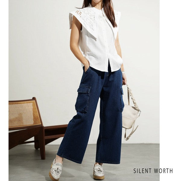 【M】デニムワイドカーゴパンツ|サイドポケット付き・ゆったりシルエット Y-0070・SILENT WORTH