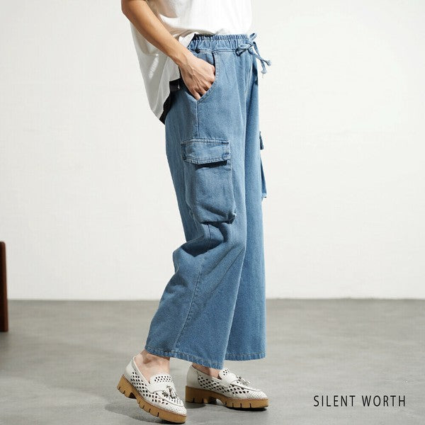 【M】デニムワイドカーゴパンツ|サイドポケット付き・ゆったりシルエット Y-0070・SILENT WORTH