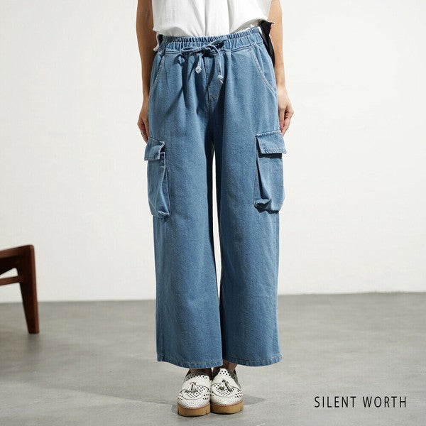 【M】デニムワイドカーゴパンツ|サイドポケット付き・ゆったりシルエット Y-0070・SILENT WORTH