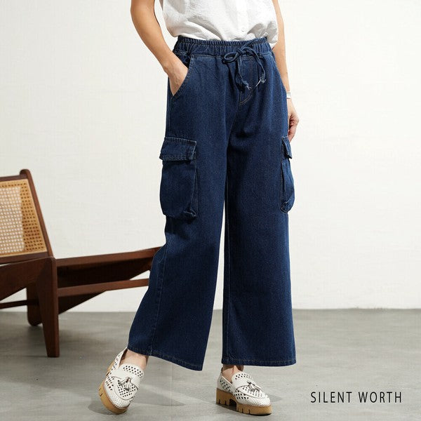 【M】デニムワイドカーゴパンツ|サイドポケット付き・ゆったりシルエット Y-0070・SILENT WORTH