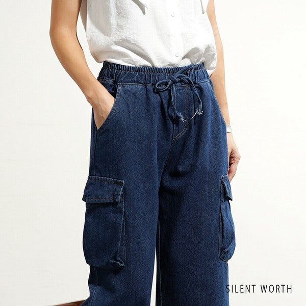【M】デニムワイドカーゴパンツ|サイドポケット付き・ゆったりシルエット Y-0070・SILENT WORTH