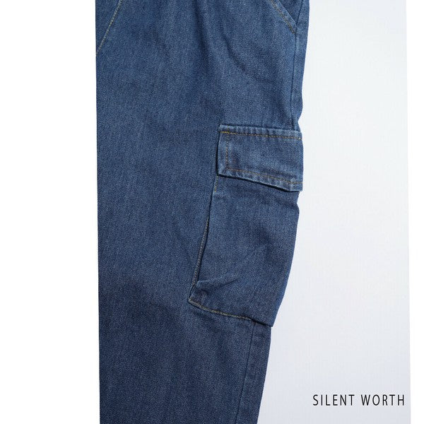【M】デニムワイドカーゴパンツ|サイドポケット付き・ゆったりシルエット Y-0070・SILENT WORTH
