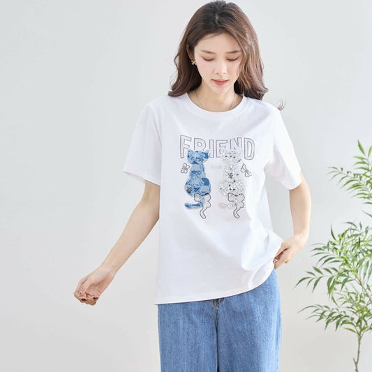 キラキラドキャットプリントTシャツ|綿95% 半袖 カジュアルカットソー N12-356A