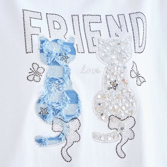 キラキラドキャットプリントTシャツ|綿95% 半袖 カジュアルカットソー N12-356A