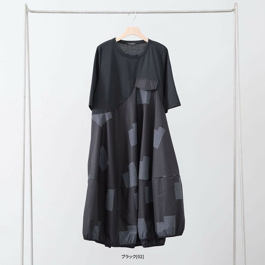 バルーンワンピース C08-241D ブラック つるし構図 異素材切替がわかる全体像