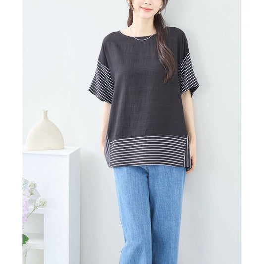 【L~LL】ストライプ 切替 ワイド シルエット トップス トップス (C31-2057A)