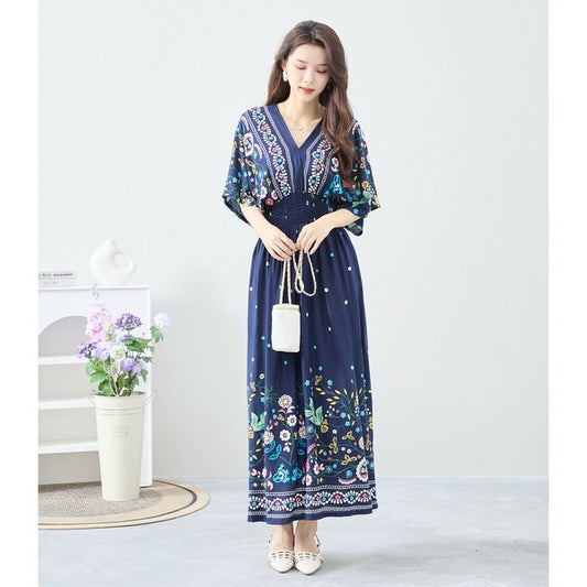 ワンピース M~L フラワー柄 Vネック ウエストシャーリング ロング ワンピ レディース 夏 リゾート 半袖/C38-1156A
