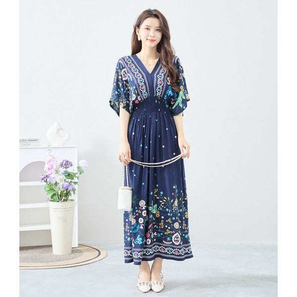 ワンピース M~L フラワー柄 Vネック ウエストシャーリング ロング ワンピ レディース 夏 リゾート 半袖/C38-1156A