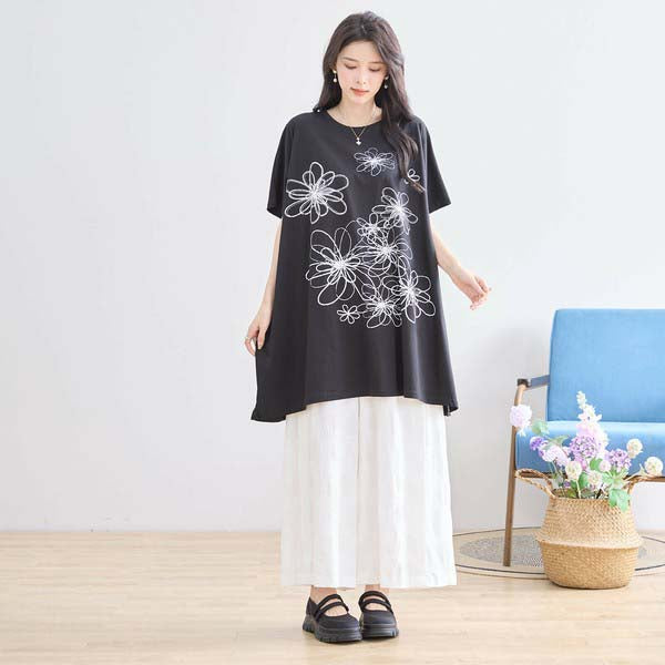 L〜LL 大きいサイズ ラインストーン付 フラワープリント チュニック レディース きれいめ/N12-342