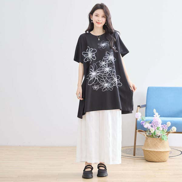 L〜LL 大きいサイズ ラインストーン付 フラワープリント チュニック レディース きれいめ/N12-342