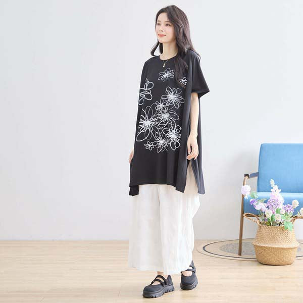 L〜LL 大きいサイズ ラインストーン付 フラワープリント チュニック レディース きれいめ/N12-342