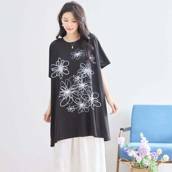 L〜LL 大きいサイズ ラインストーン付 フラワープリント チュニック レディース きれいめ/N12-342