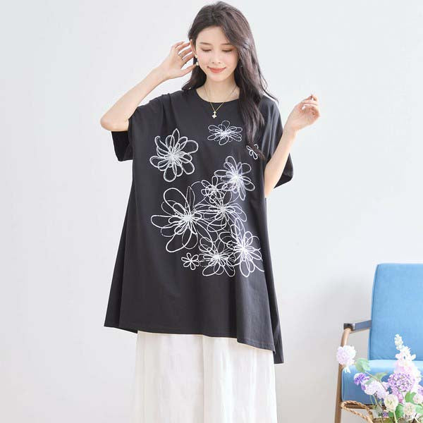 L〜LL 大きいサイズ ラインストーン付 フラワープリント チュニック レディース きれいめ/N12-342