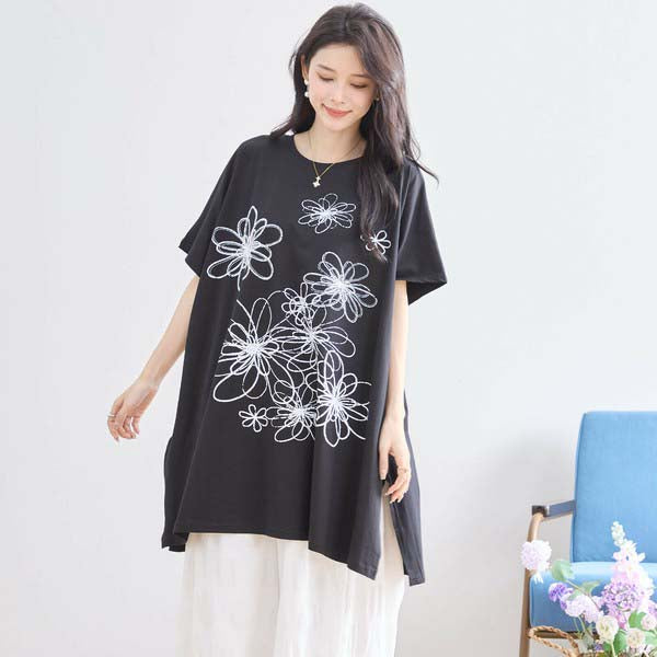 L〜LL 大きいサイズ ラインストーン付 フラワープリント チュニック レディース きれいめ/N12-342