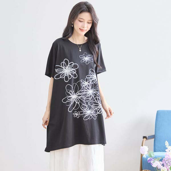 L〜LL 大きいサイズ ラインストーン付 フラワープリント チュニック レディース きれいめ/N12-342