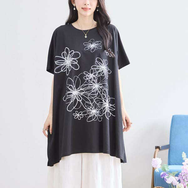 L〜LL 大きいサイズ ラインストーン付 フラワープリント チュニック レディース きれいめ/N12-342