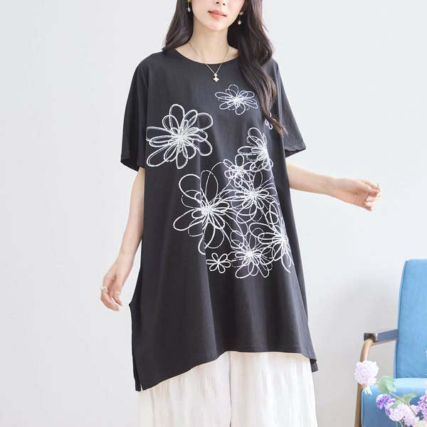 L〜LL 大きいサイズ ラインストーン付 フラワープリント チュニック レディース きれいめ/N12-342