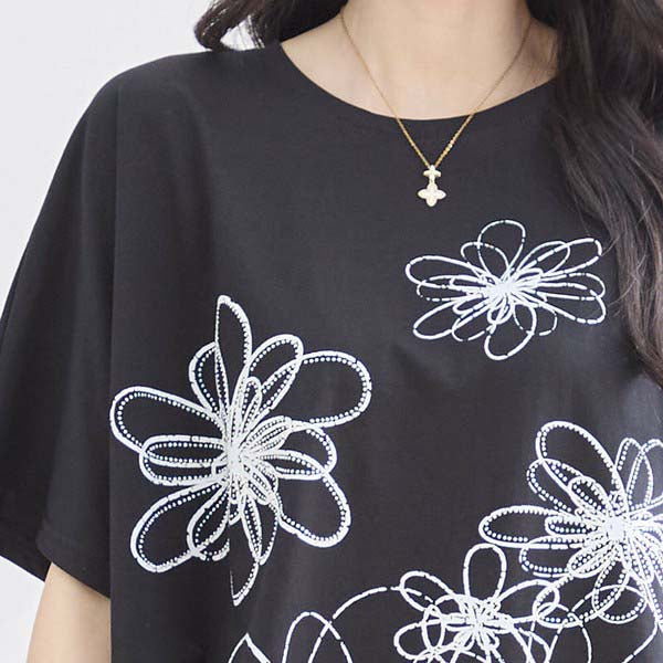 L〜LL 大きいサイズ ラインストーン付 フラワープリント チュニック レディース きれいめ/N12-342