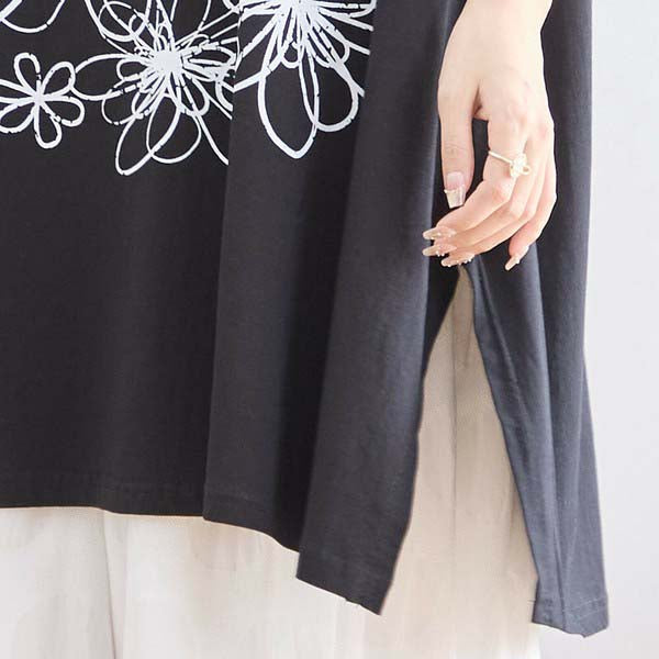 L〜LL 大きいサイズ ラインストーン付 フラワープリント チュニック レディース きれいめ/N12-342