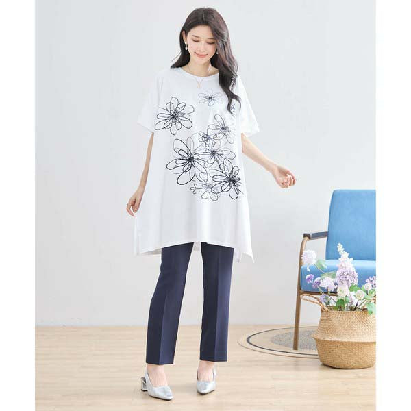 L〜LL 大きいサイズ ラインストーン付 フラワープリント チュニック レディース きれいめ/N12-342