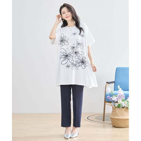 L〜LL 大きいサイズ ラインストーン付 フラワープリント チュニック レディース きれいめ/N12-342
