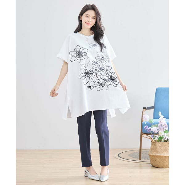 L〜LL 大きいサイズ ラインストーン付 フラワープリント チュニック レディース きれいめ/N12-342