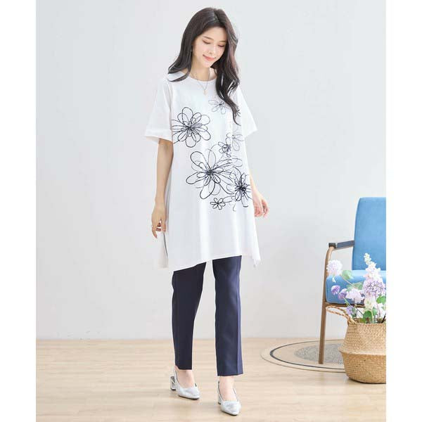 L〜LL 大きいサイズ ラインストーン付 フラワープリント チュニック レディース きれいめ/N12-342