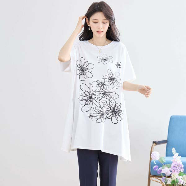 L〜LL 大きいサイズ ラインストーン付 フラワープリント チュニック レディース きれいめ/N12-342