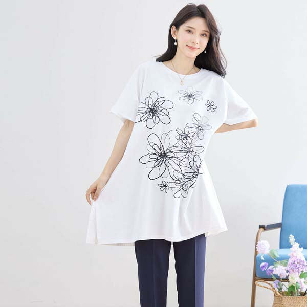 L〜LL 大きいサイズ ラインストーン付 フラワープリント チュニック レディース きれいめ/N12-342