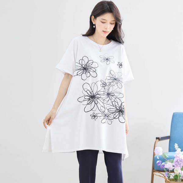 L〜LL 大きいサイズ ラインストーン付 フラワープリント チュニック レディース きれいめ/N12-342