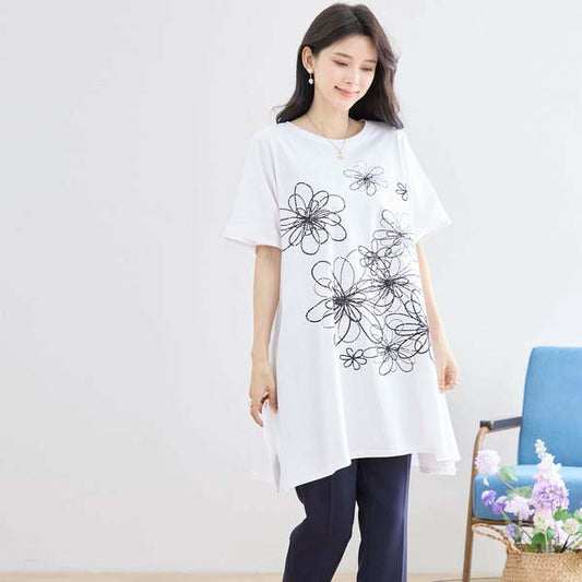 L〜LL 大きいサイズ ラインストーン付 フラワープリント チュニック レディース きれいめ/N12-342