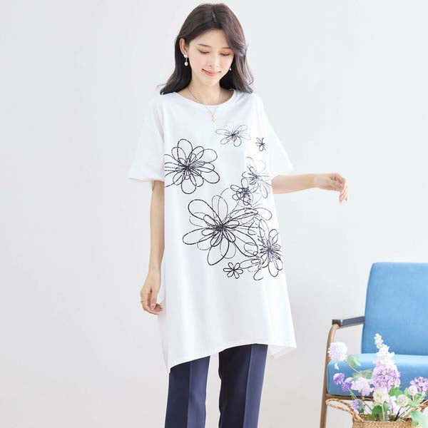 L〜LL 大きいサイズ ラインストーン付 フラワープリント チュニック レディース きれいめ/N12-342