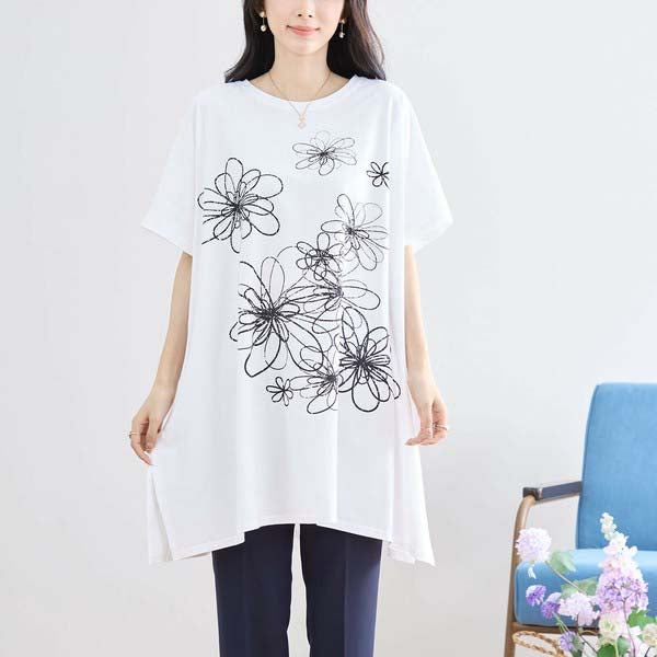 L〜LL 大きいサイズ ラインストーン付 フラワープリント チュニック レディース きれいめ/N12-342