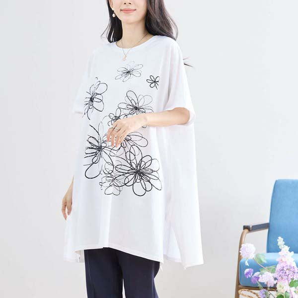 L〜LL 大きいサイズ ラインストーン付 フラワープリント チュニック レディース きれいめ/N12-342