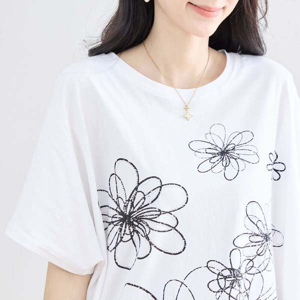 L〜LL 大きいサイズ ラインストーン付 フラワープリント チュニック レディース きれいめ/N12-342